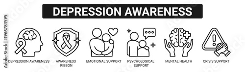 Depression Awareness web banner icon vector illustration concept with icons of depression awareness, awareness ribbon, emotional support, psychological support, mental health, and crisis support.