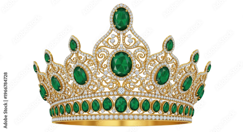 Fototapeta premium Ornate gold crown adorned with sparkling diamonds and large emeralds, isolated on transparent background