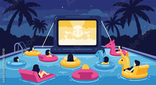 Pixelated night pool party with people watching a movie on an outdoor screen