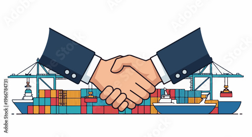 Hands shaking in agreement over ships laden with cargo containers at a port