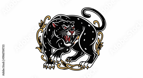 Fierce black panther with open mouth surrounded by gold swirling branches