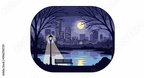 Night park scene with illuminated cityscape and tranquil lake