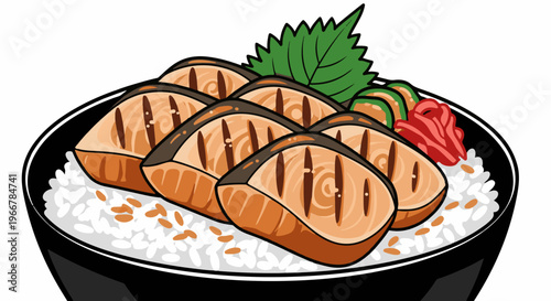 Grilled salmon with rice and pickled ginger in a black bowl