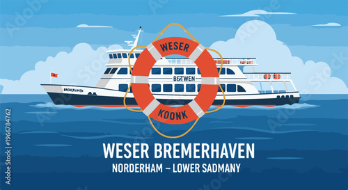 Nautical illustration of a ferry with a lifebuoy and text