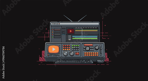 Retro video editing station with multiple screens, buttons, and keyboard