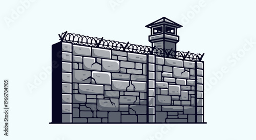 Gray stone wall with barbed wire and guard tower