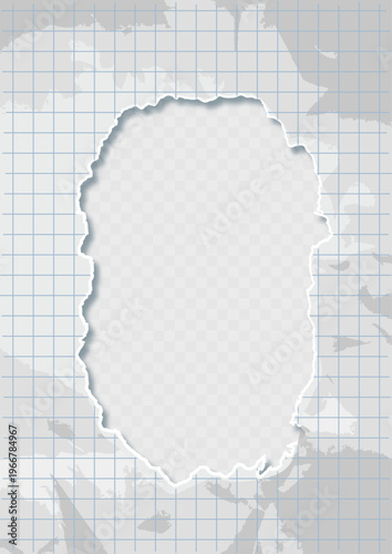 Crumpled grid paper frame, isolated on background. Vector illustration.