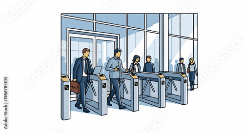 People entering a modern office building through automated turnstiles