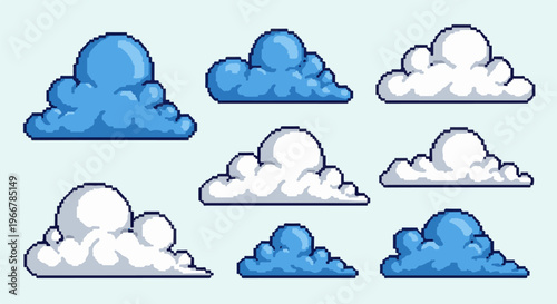Pixel art clouds in various shapes and sizes, set against a light blue background