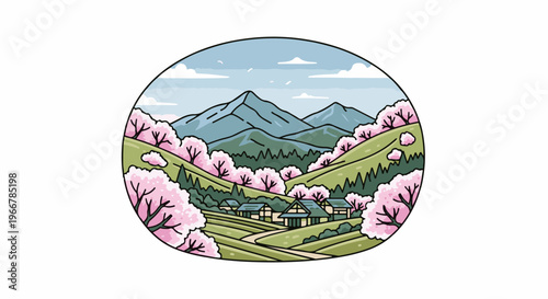 Pixel art village nestled among blooming trees with distant mountains