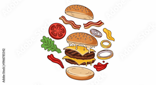 Exploded view of a double cheeseburger with all its delicious ingredients arranged