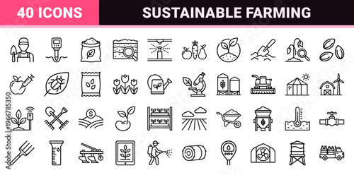 Smart Agriculture and Sustainable Farming Outline Icons, Minimalist Geometric Line Art for Agritech and Modern Horticulture Industry