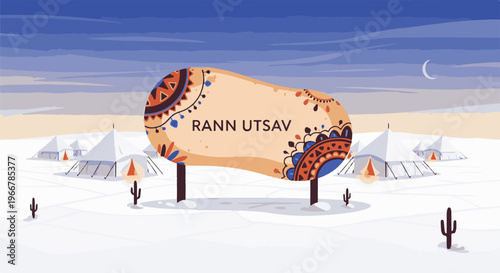 Desert festival tents under a crescent moon, with decorative sign