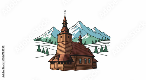 Rustic wooden church nestled amidst snowy mountains and evergreens