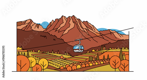 Scenic mountain landscape with cable car over autumn foliage and vineyards