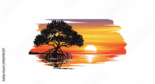 Silhouette of a tree with exposed roots beside a sunset over water