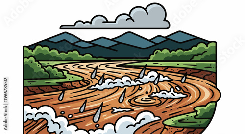 Brown river with rain falling over choppy water, mountains and trees in background