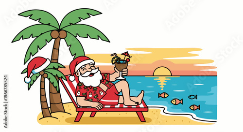 Jolly Santa relaxes on a beach chair under a palm tree with a tropical drink
