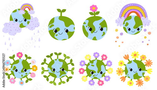 Cute hand drawn set of planet Earth characters with rainbows flowers clouds and sprouts. Large collection for kids and baby Earth Day to celebrate nature and eco