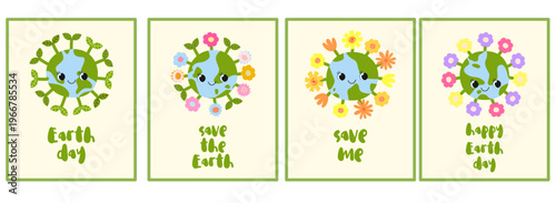 Cute earth characters with single sprout and flower cards isolated on yellow. Baby save me Earth day illustration hand drawn handdrawn eco kids children nature world climate care print