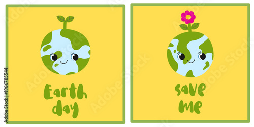 Cute earth characters with green sprout and pink flower on yellow background. Earth Day save me baby illustration hand drawn handdrawn eco kids children nature planet