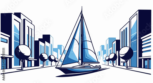 Stylized sailboat on a street between buildings with trees