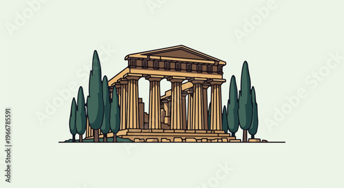 Ancient Greek temple with columns and cypress trees under a light green sky