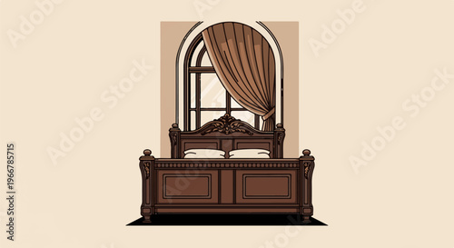 Ornate wooden bed and arched window with draped curtains
