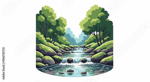 A tranquil stream flows through a lush green forest with moss-covered rocks