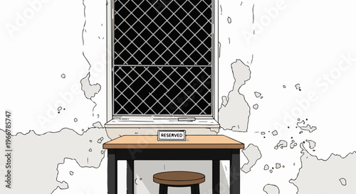 A table with a "RESERVED" sign sits before a barred window in a stark room