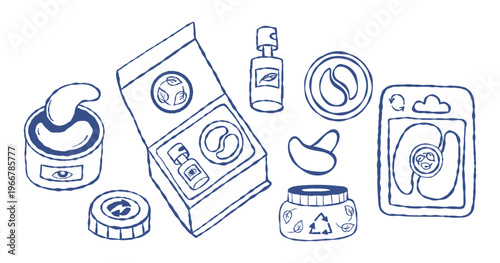 Reusable Eye Patches and Serum Kit in Sustainable Box. Natural Cosmetics Set. Zero Waste Under Eye Skincare Routine. Vector Illustration. Isolated Outline Blue Hand Drawn on White.