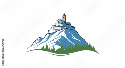 Serene monastery perched atop a snow-capped mountain peak