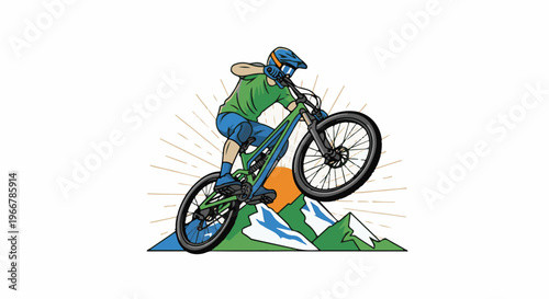 Mountain biker in action on a sunny day with mountain backdrop