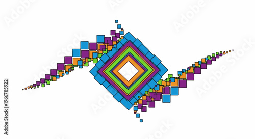 Colorful squares cascade outwards from a central diamond formation