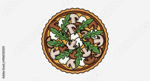Illustrated round tart with mushrooms, white cheese, and arugula on a crust