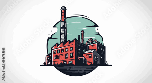 Industrial factory building with smokestacks and pipes, illustrated in a cartoon style