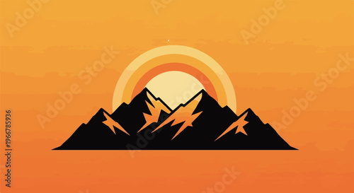Stylized black mountains beneath a warm, orange sunset with a circular rainbow