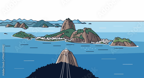 Pixelated tropical coastline with mountains and city buildings