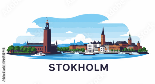 Colorful pixel art cityscape of Stockholm waterfront with boats and buildings