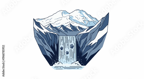 Snow-capped mountains overlook a powerful waterfall cascading into a pool