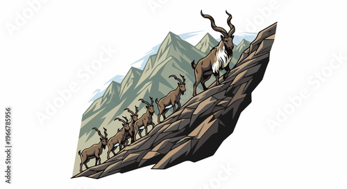 Herd of ibex with impressive horns climbing a rocky mountain