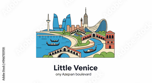 Stylized cityscape with bridges, canals, boats, and modern architecture