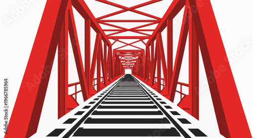 Perspective view of a red truss railway bridge, looking down the tracks
