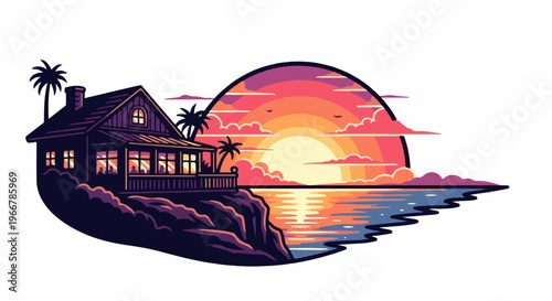 Pixel art depicts a rustic house on a cliff overlooking a vibrant sunset ocean view