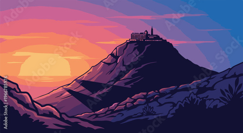 Pixelated mountain landscape at sunset with a building on the peak