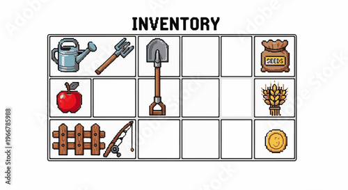 Pixel art game inventory icons gardening tools, crops, and fishing gear