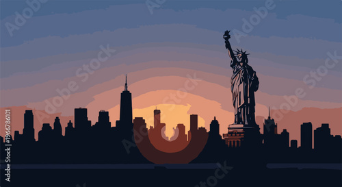 Statue of Liberty and skyline at sunset with pixel art effect
