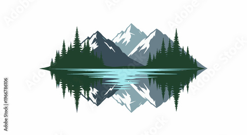 Snowy mountains and pine trees reflected in a serene lake