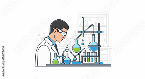 Scientist in lab coat and goggles observing chemical reaction in flasks and test tubes