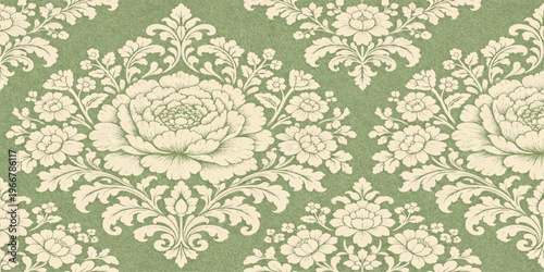 Vintage victorian seamless floral damask pattern with antique baroque ornament swirls and textile texture for elegant wallpaper decor illustration